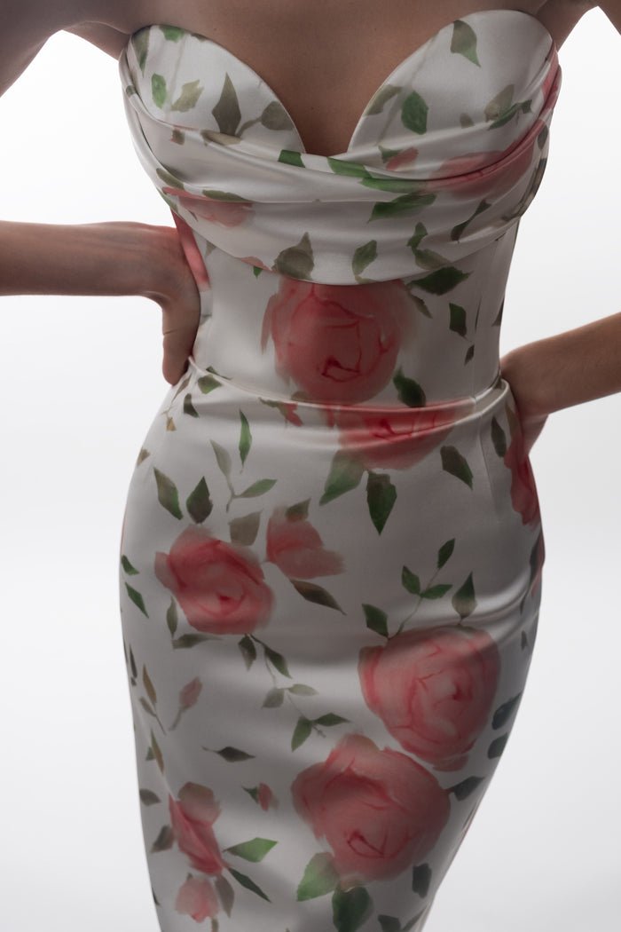 Draped satin corset midi dress – Rasario