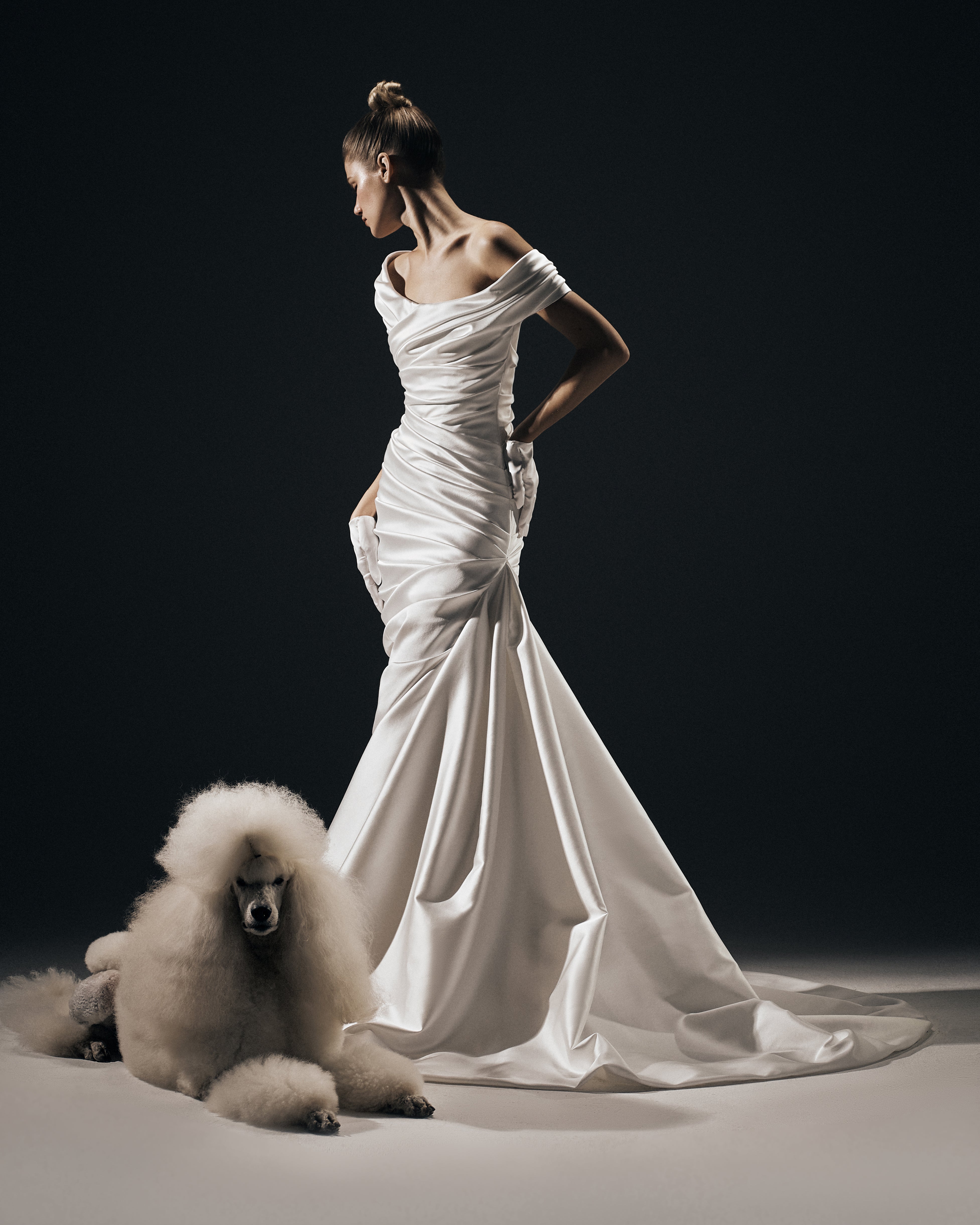 Draped satin gown with a train – Rasario