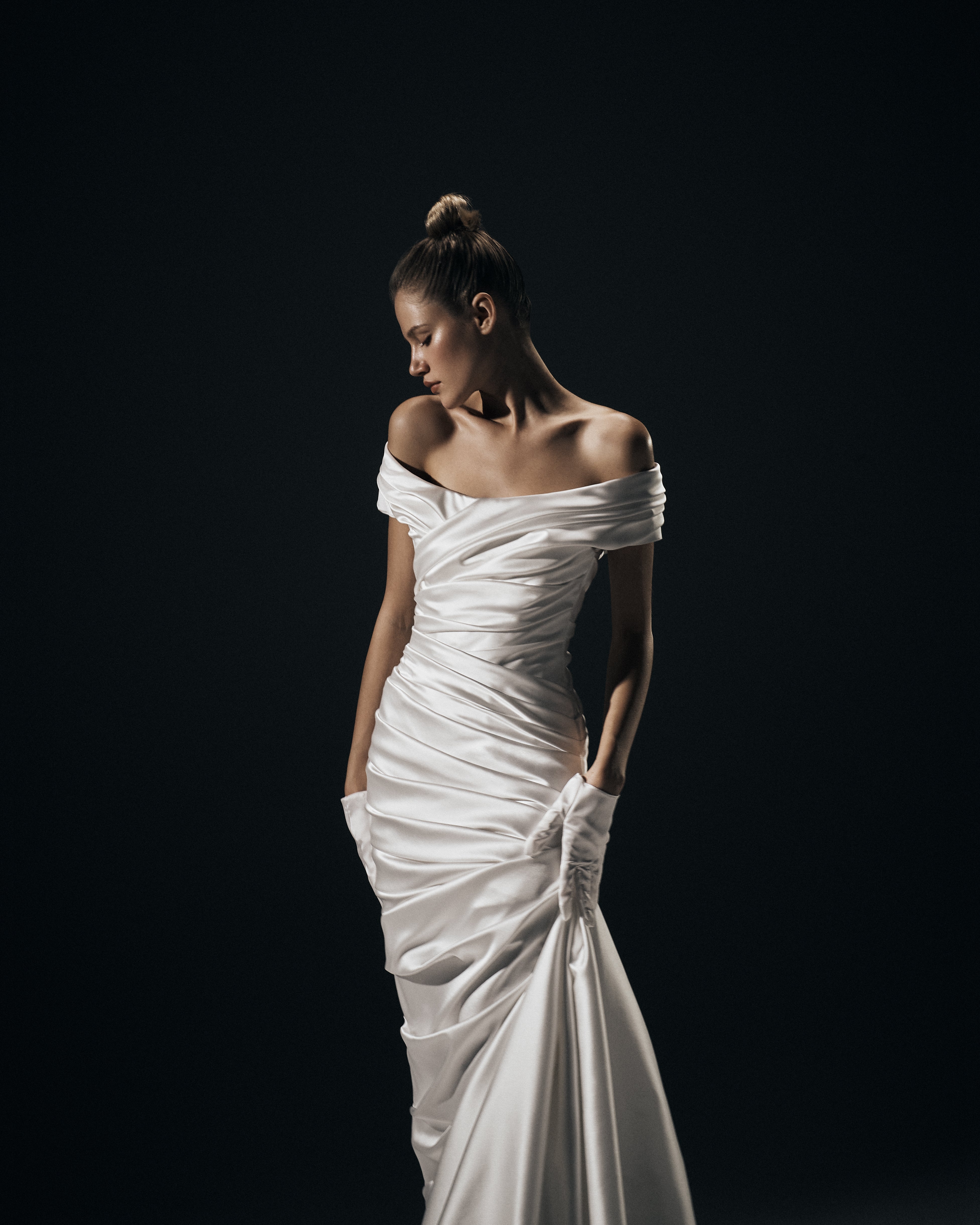 Draped satin gown with a train – Rasario