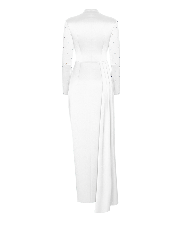 Draped satin gown with embroidered sleeves – Rasario