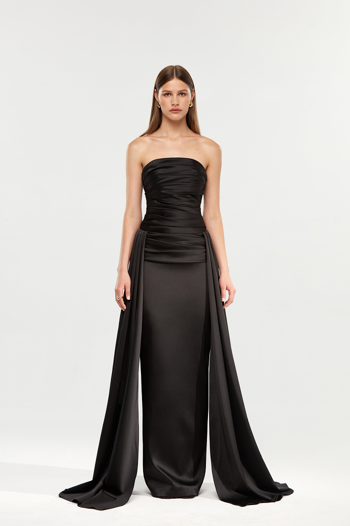 Draped satin maxi dress with a train – Rasario