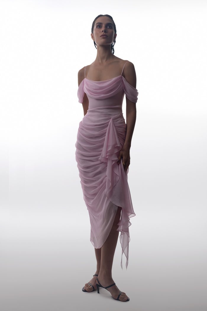 Draped silk chiffon corset midi dress – Rasario