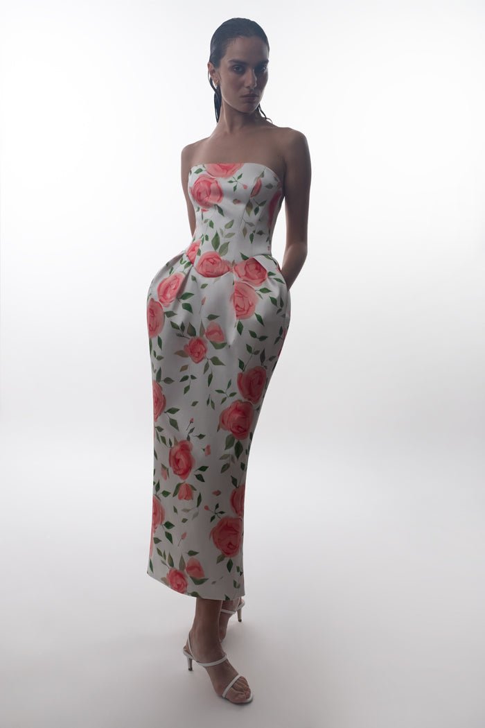 Floral printed satin long midi dress with voluminous skirt – Rasario