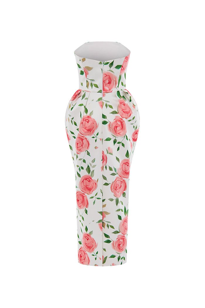 Floral printed satin long midi dress with voluminous skirt – Rasario