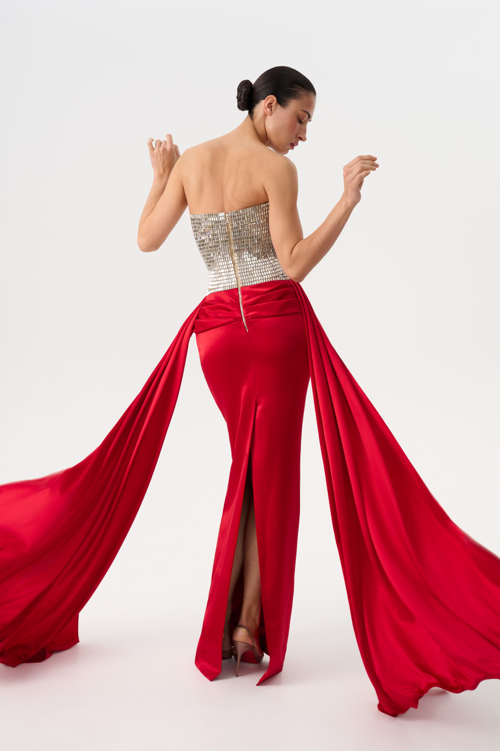 Crystal embellished corset satin dress with a train