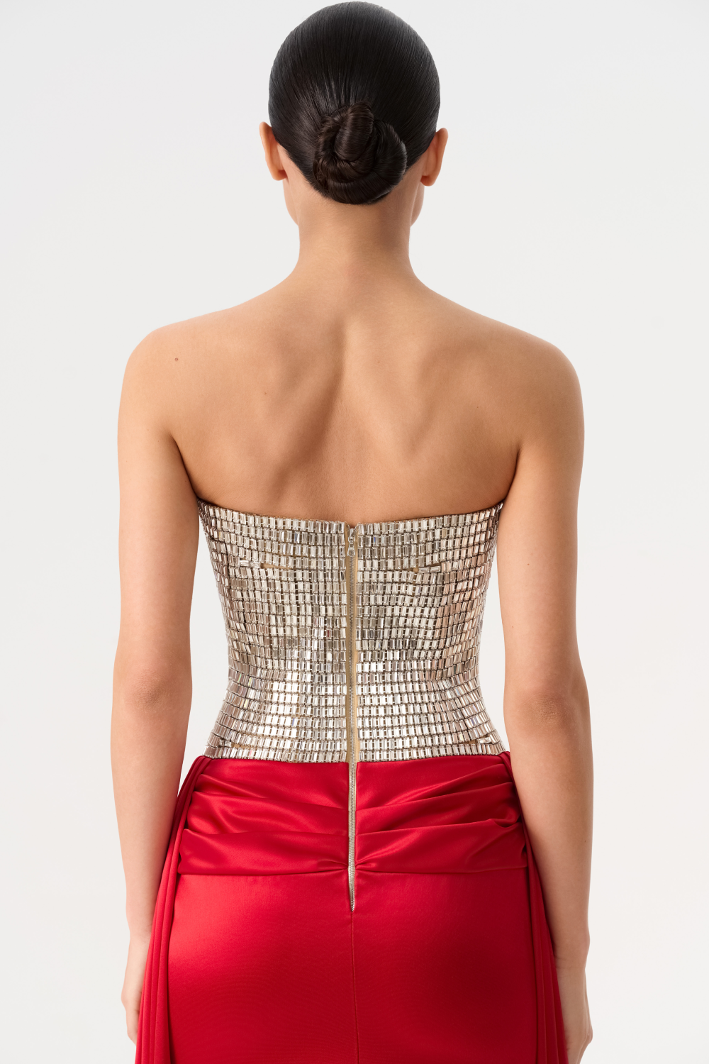 Crystal embellished corset satin dress with a train