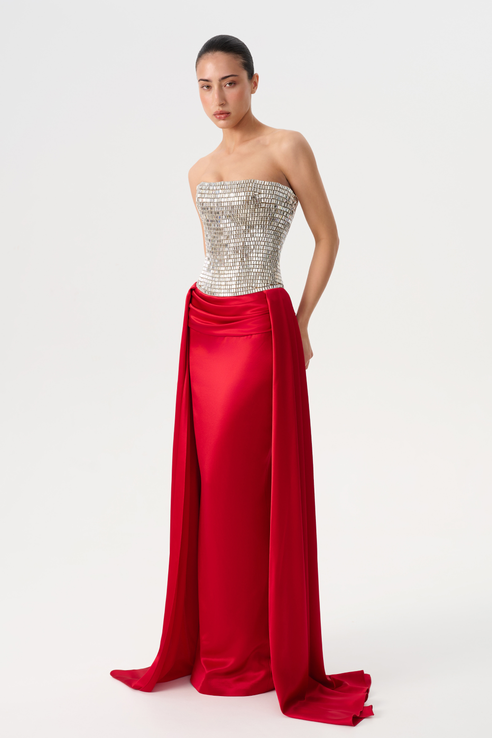 Crystal embellished corset satin dress with a train