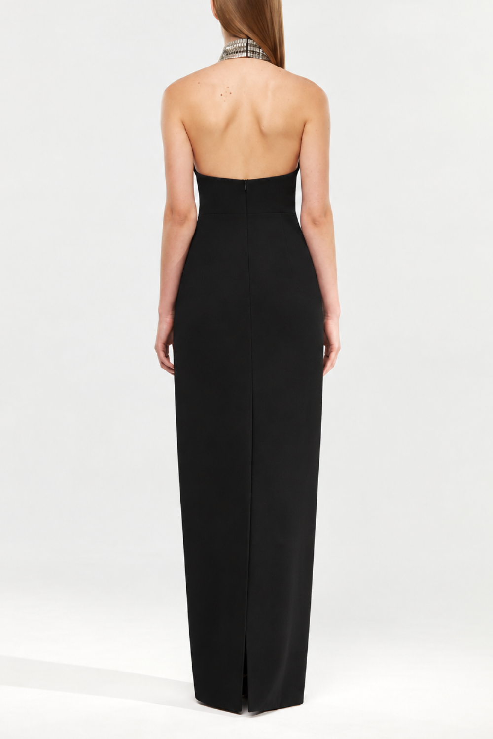 Satin maxi dress with a crystal embellished neck