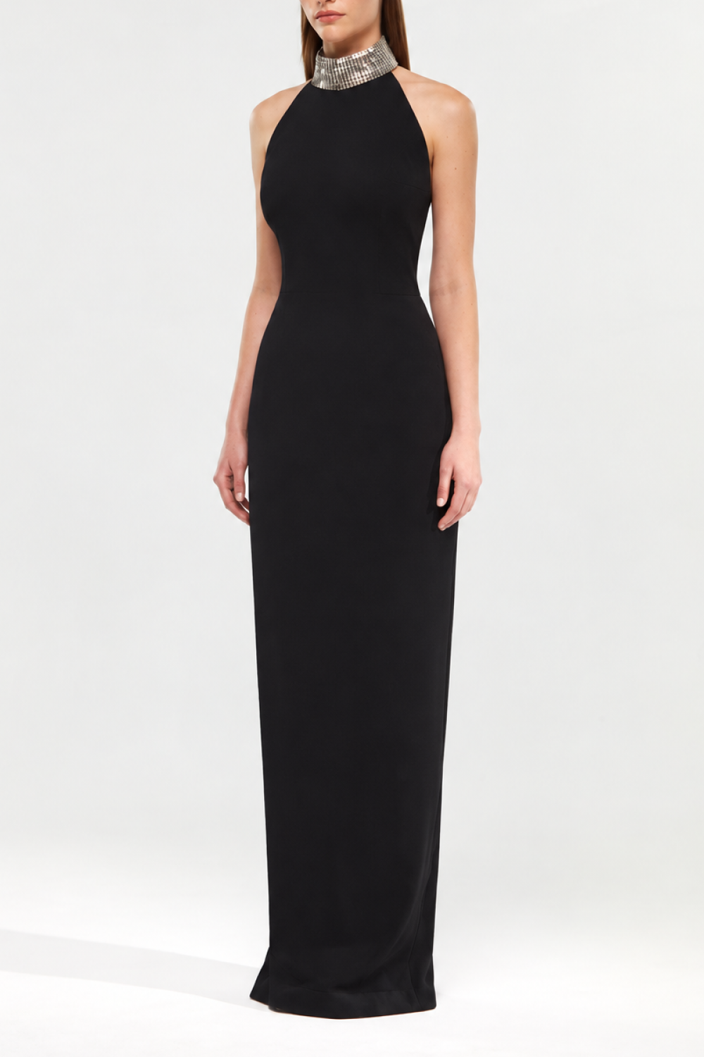 Satin maxi dress with a crystal embellished neck