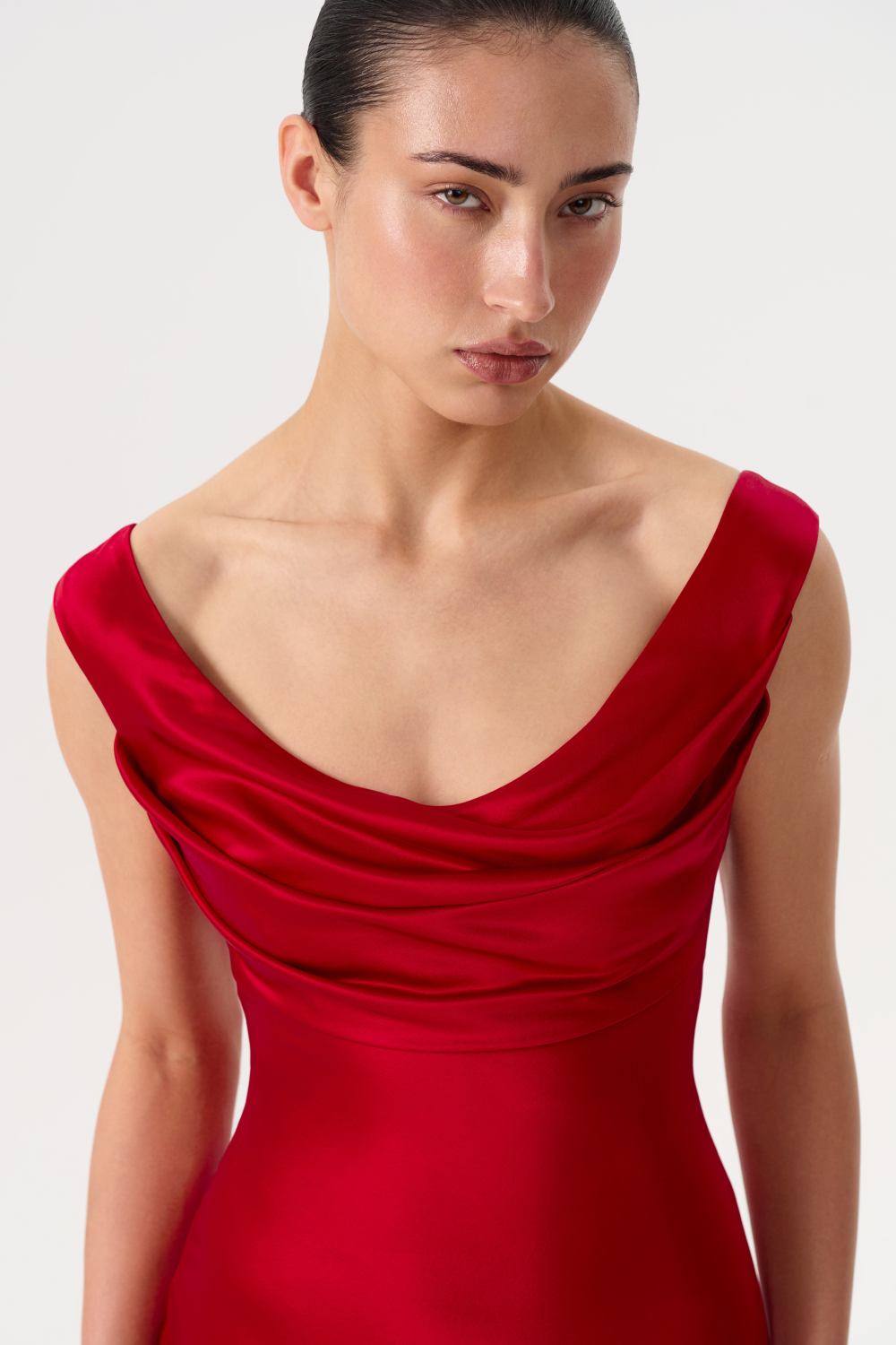 Printed satin draped maxi dress