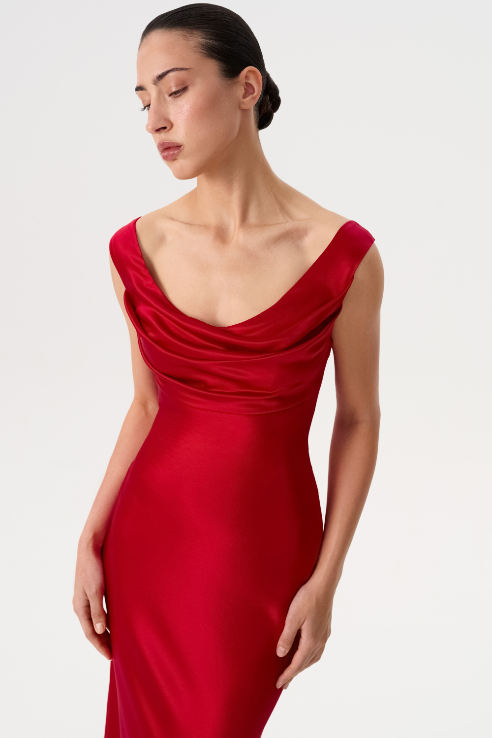 Printed satin draped maxi dress