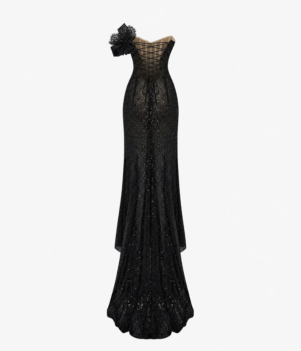 Long embroidered dress with an asymmetrical top and a silk brooch