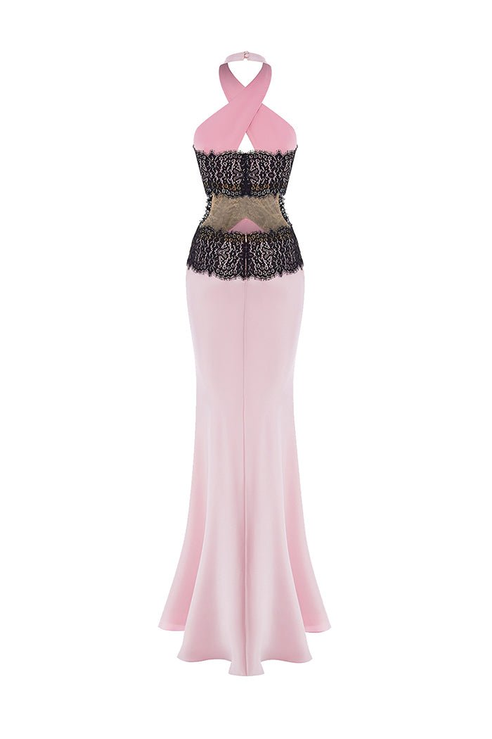 Halterneck satin and lace maxi dress with cutouts – Rasario
