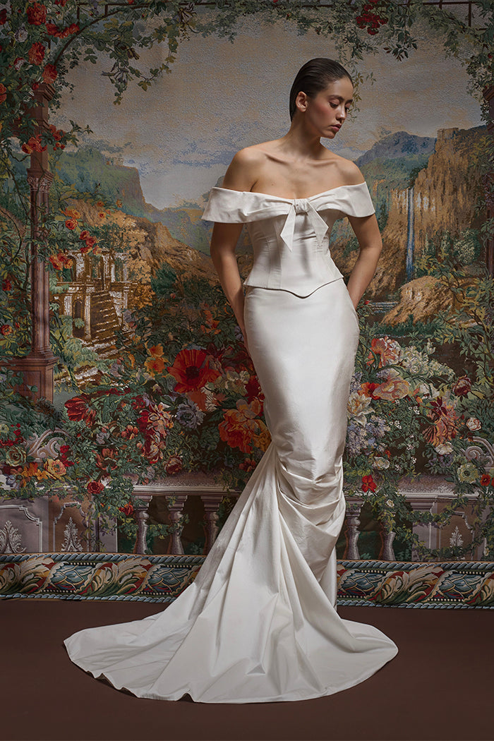 Draped wild silk maxi skirt with a train
