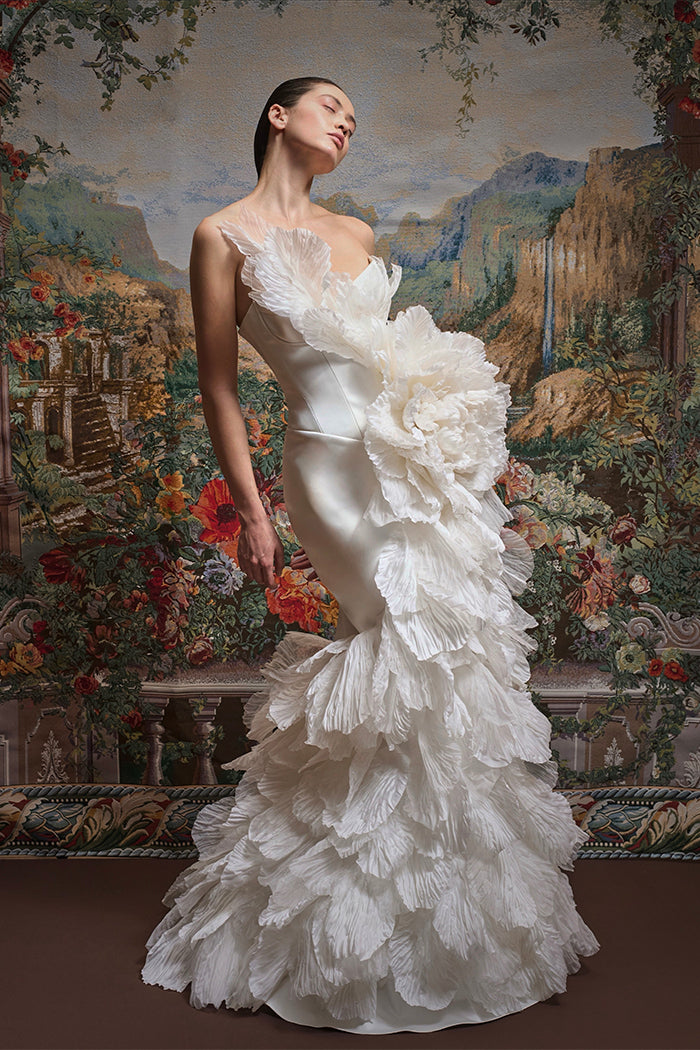 Satin maxi dress with silk organza petals