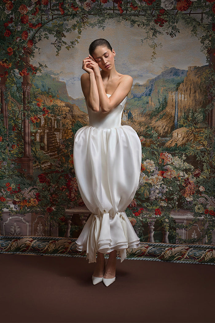 Satin midi dress with a draped silk organza skirt