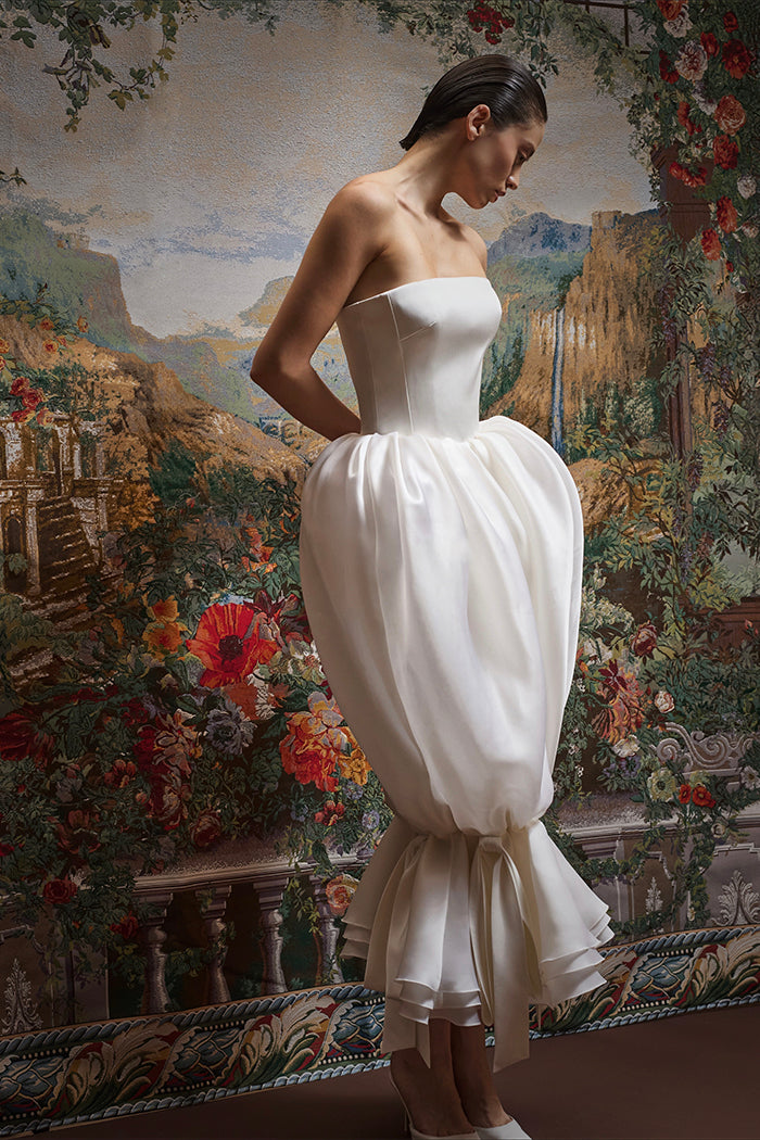 Satin midi dress with a draped silk organza skirt