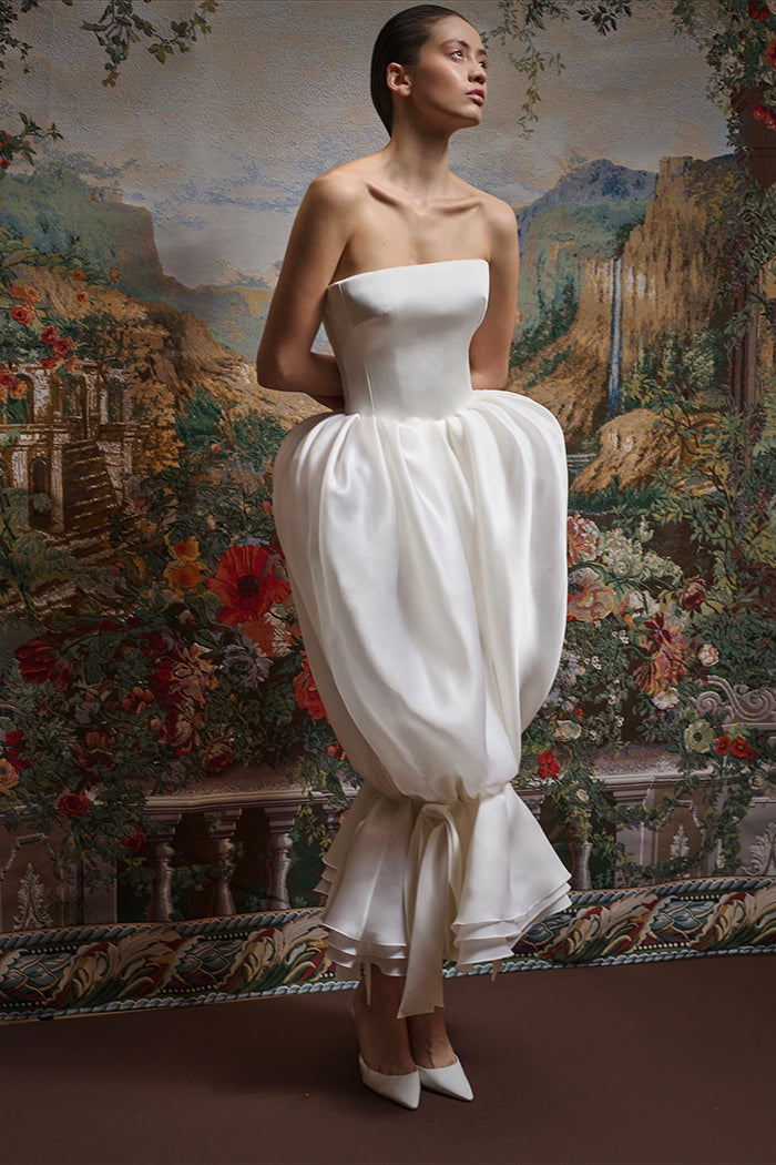 Satin midi dress with a draped silk organza skirt