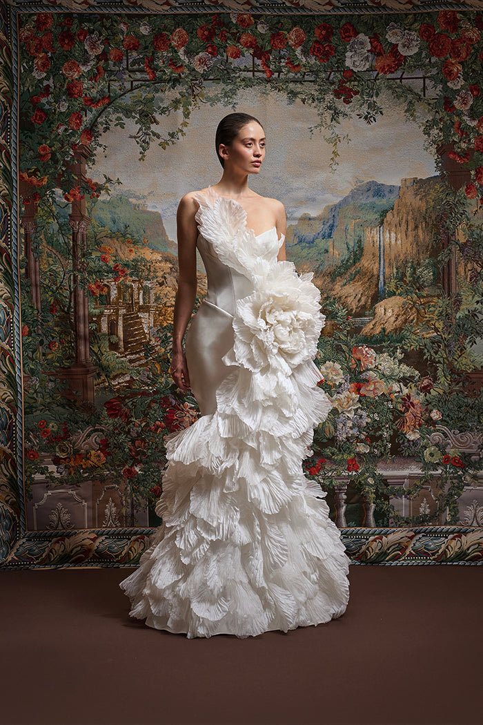 Satin maxi dress with silk organza petals