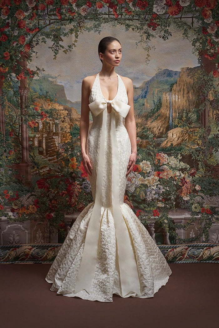 Jacquard maxi dress with silk organza bows