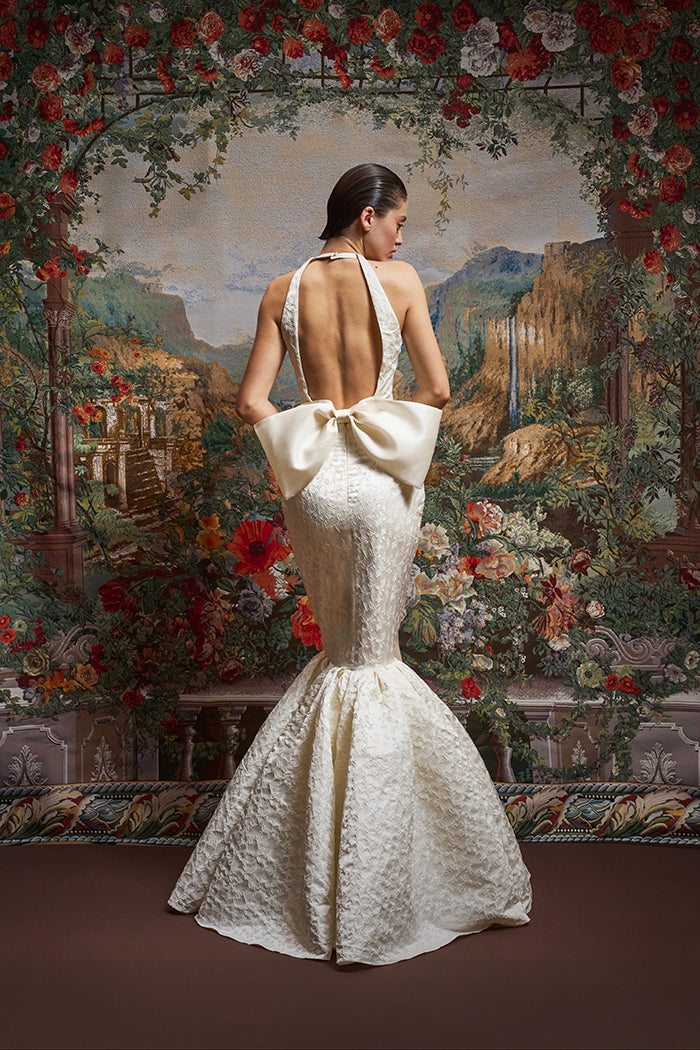 Jacquard maxi dress with silk organza bows