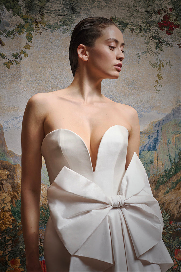 Wild silk corset midi dress with a voluminous bow