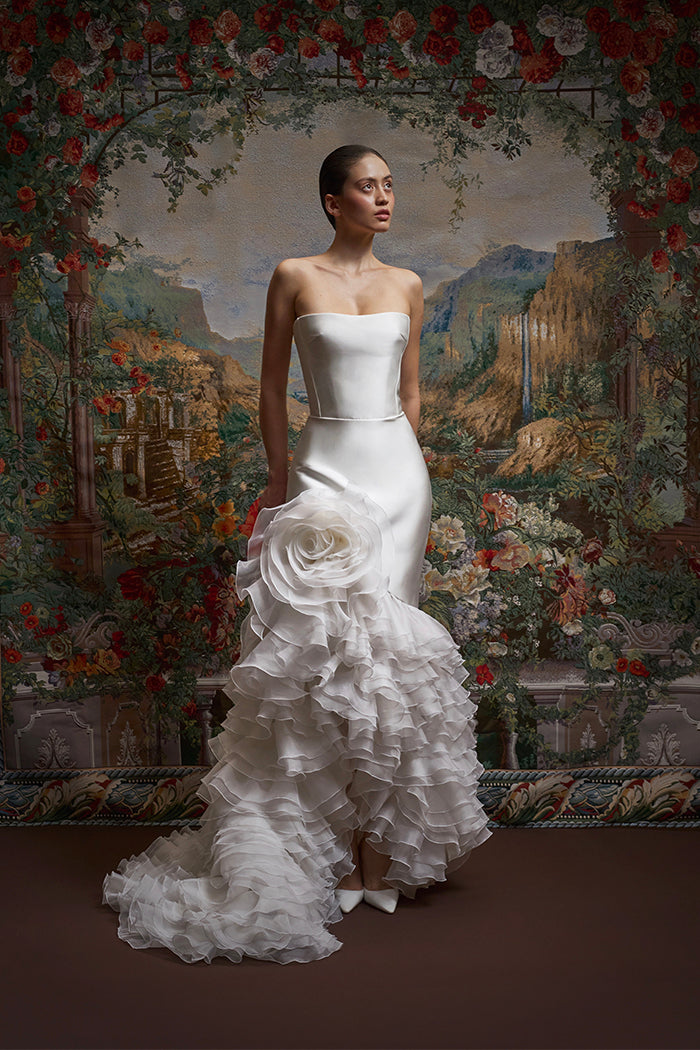 Satin and silk organza maxi dress with a voluminous flower