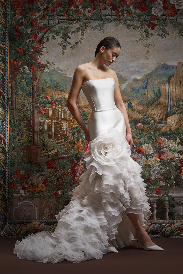 open lace back dress Satin and silk organza maxi dress with a voluminous flower