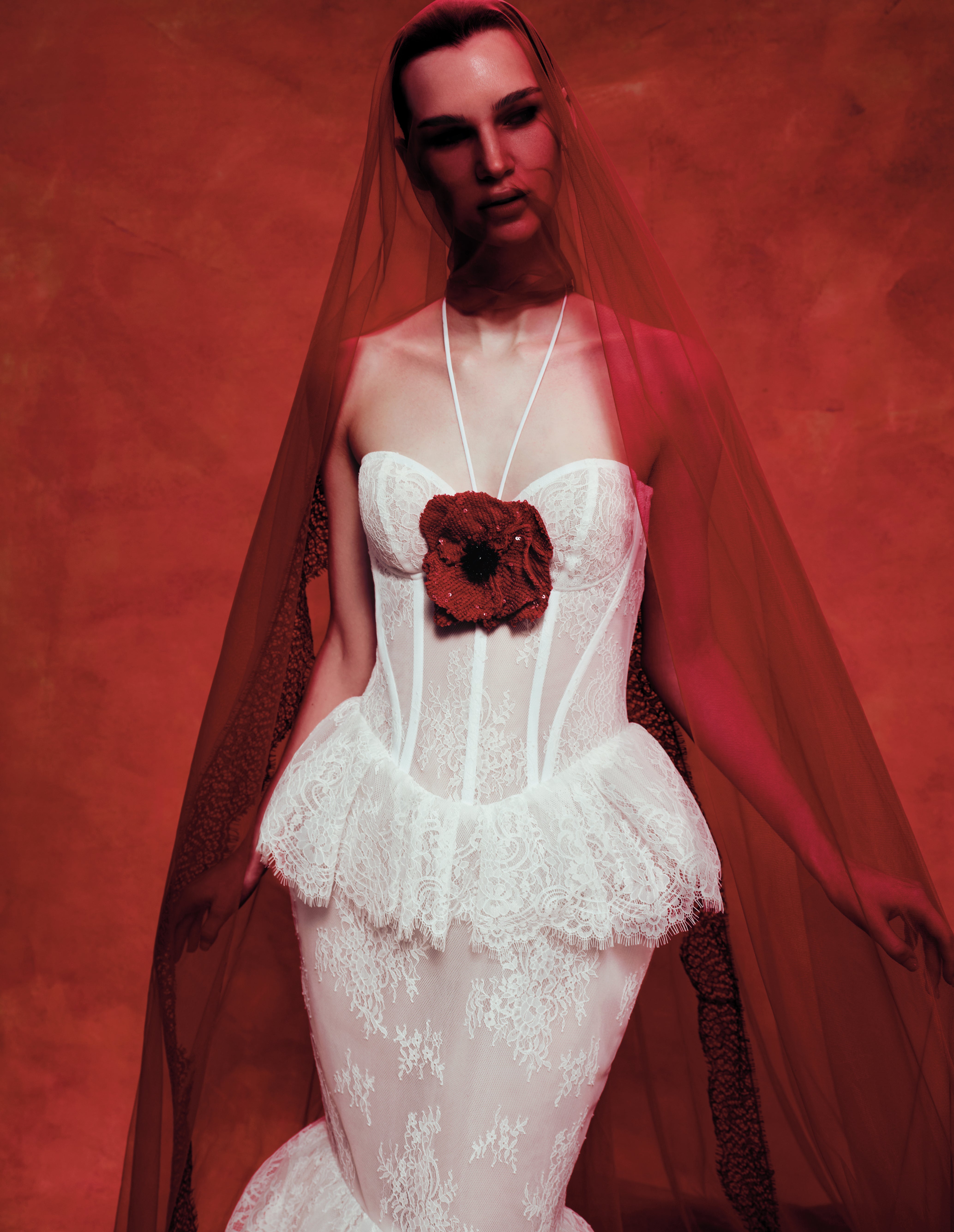 Lace maxi dress with a red sequined flower