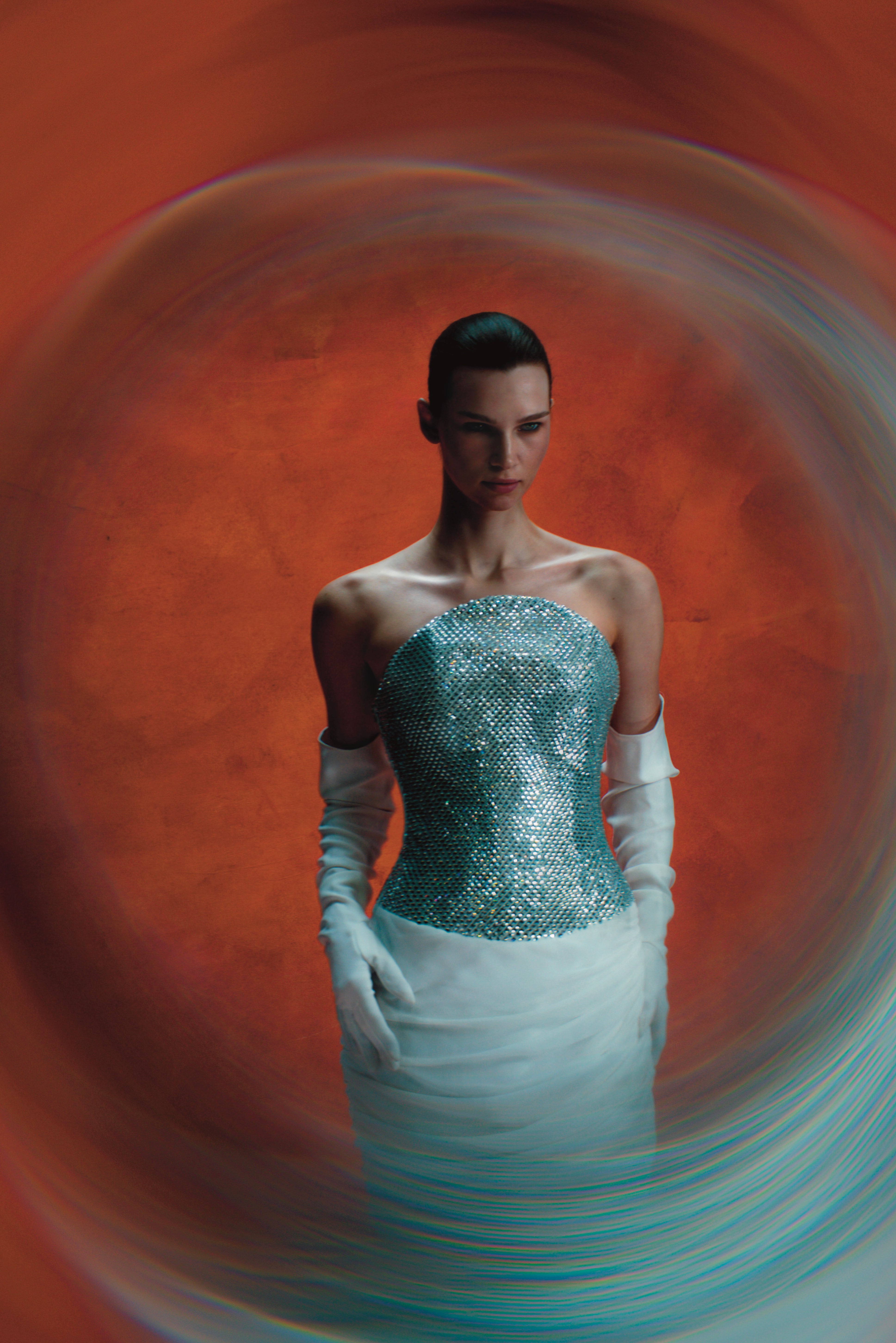 Crystal corset and silk chiffon dress