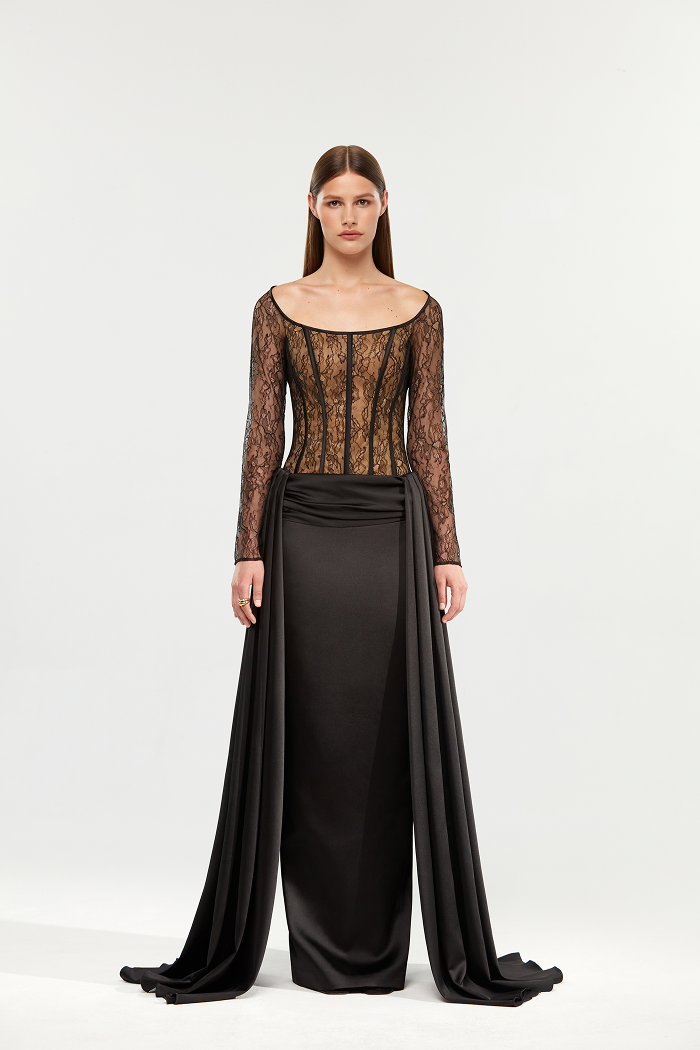 Lace and satin corset gown dress with a train – Rasario