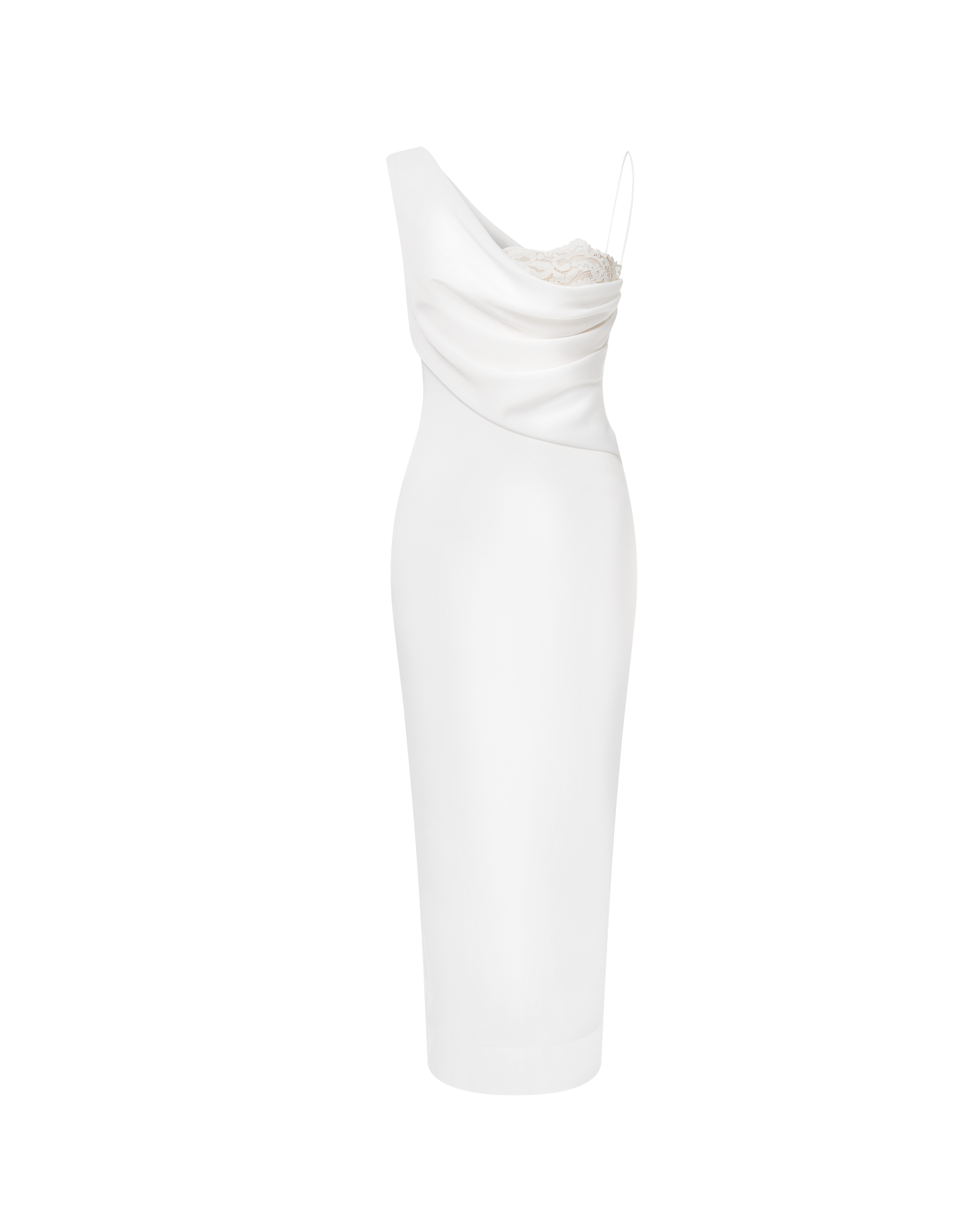 Draped asymmetric lace and satin midi dress