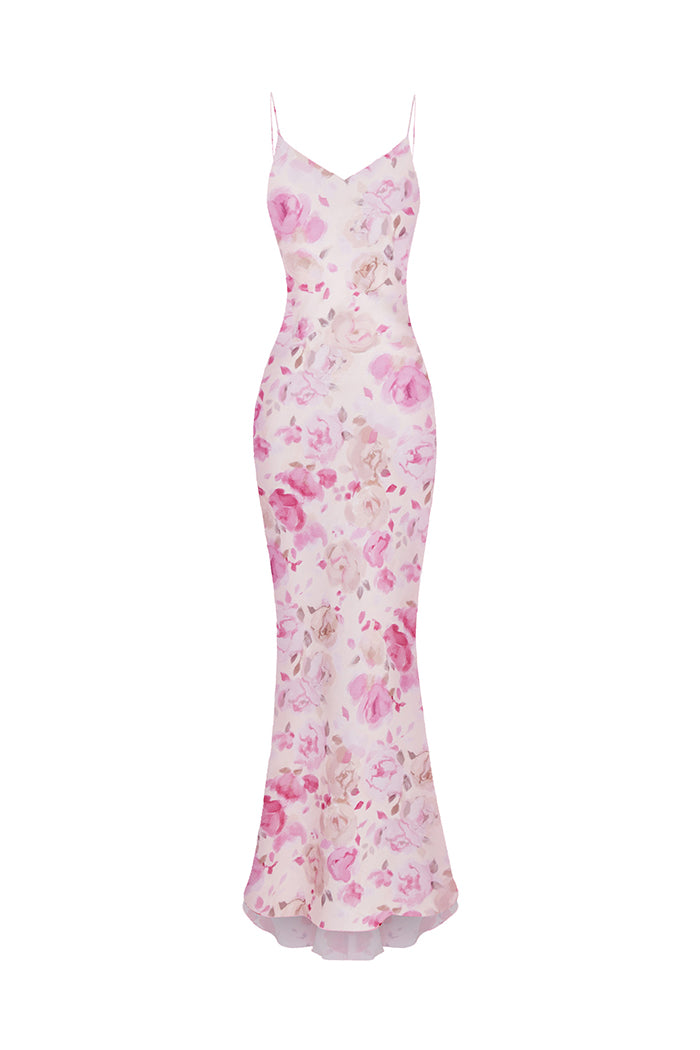 Maxi printed satin dress – Color: Powder – RASARIO Online Boutique 40 (FR) / Powder
