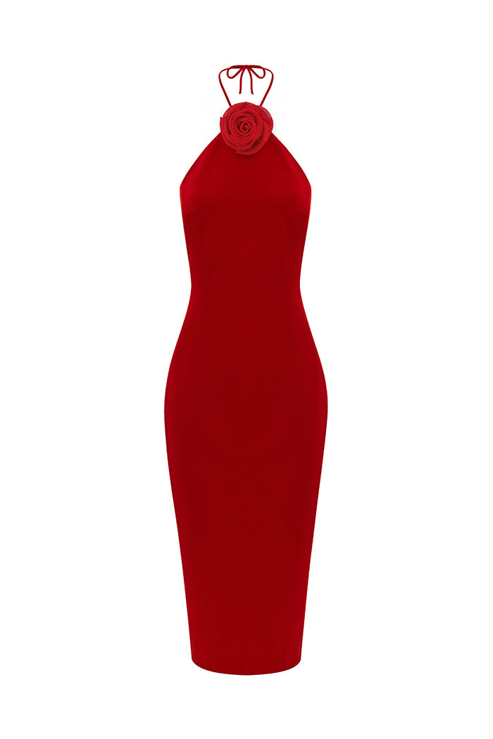 Midi velvet dress with a flower – Rasario