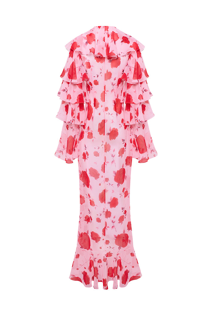 Printed chiffon maxi gown with flounces and ties – Rasario