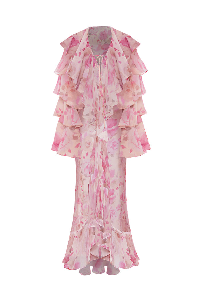 Printed chiffon maxi gown with flounces and ties – Rasario