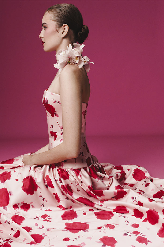 Printed midi dress with volumenous skirt – Rasario