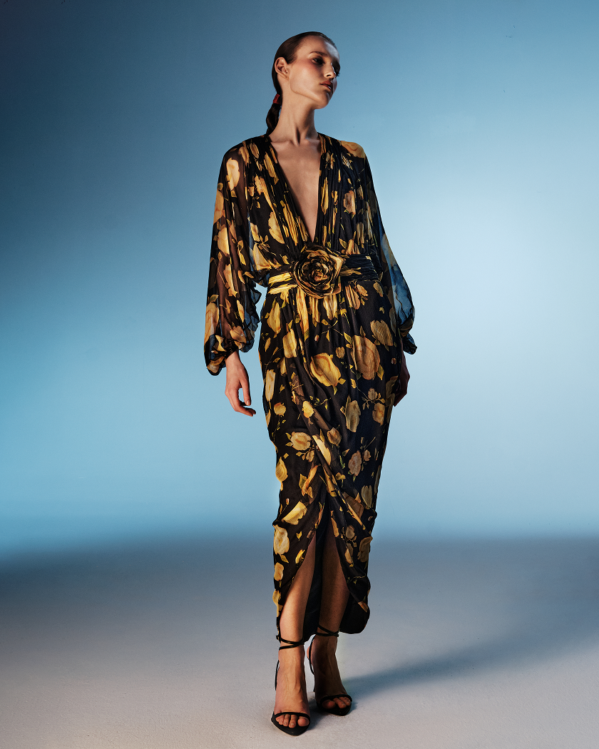 Printed silk chiffon draped midi dress – Rasario