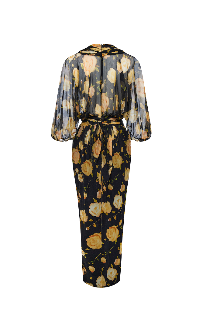 Printed silk chiffon draped midi dress – Rasario