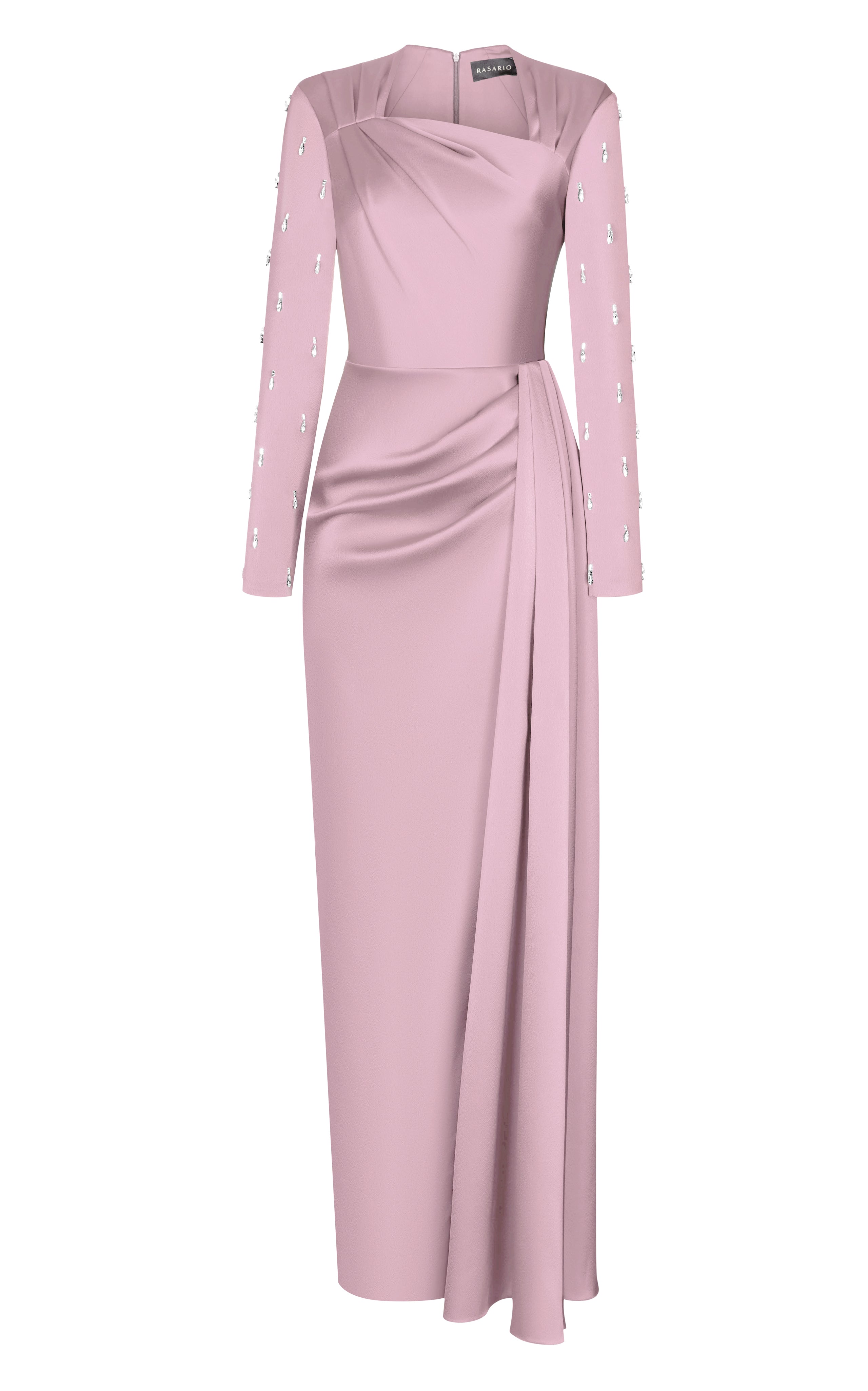 Asymmetric draped satin gown with embroidered sleeves