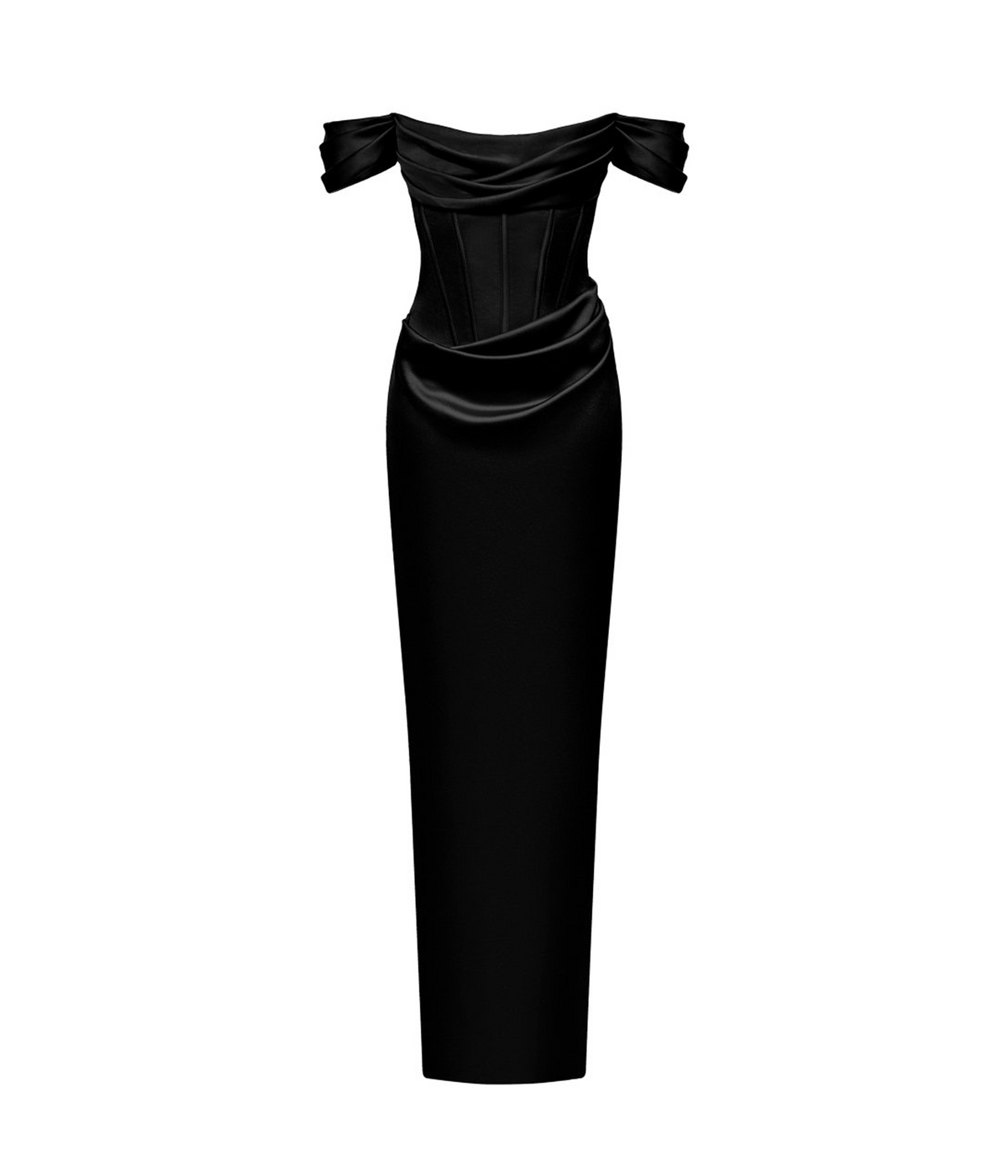 Off-the-shoulder draped corset satin gown