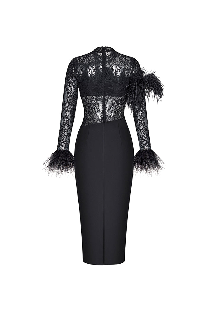 Asymmetric fringe crepe and lace midi dress – Rasario