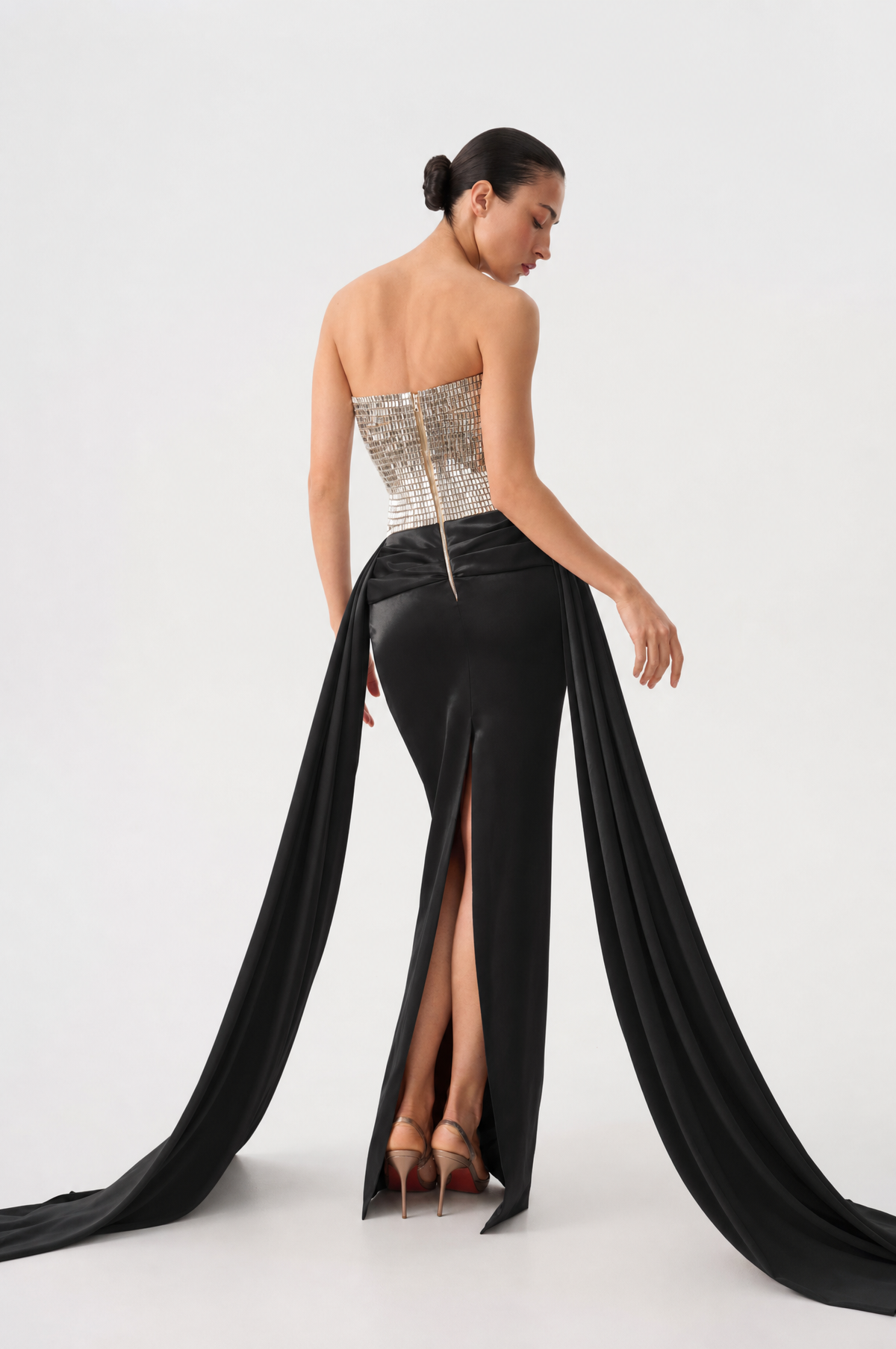 Crystal embellished corset satin gown with a train