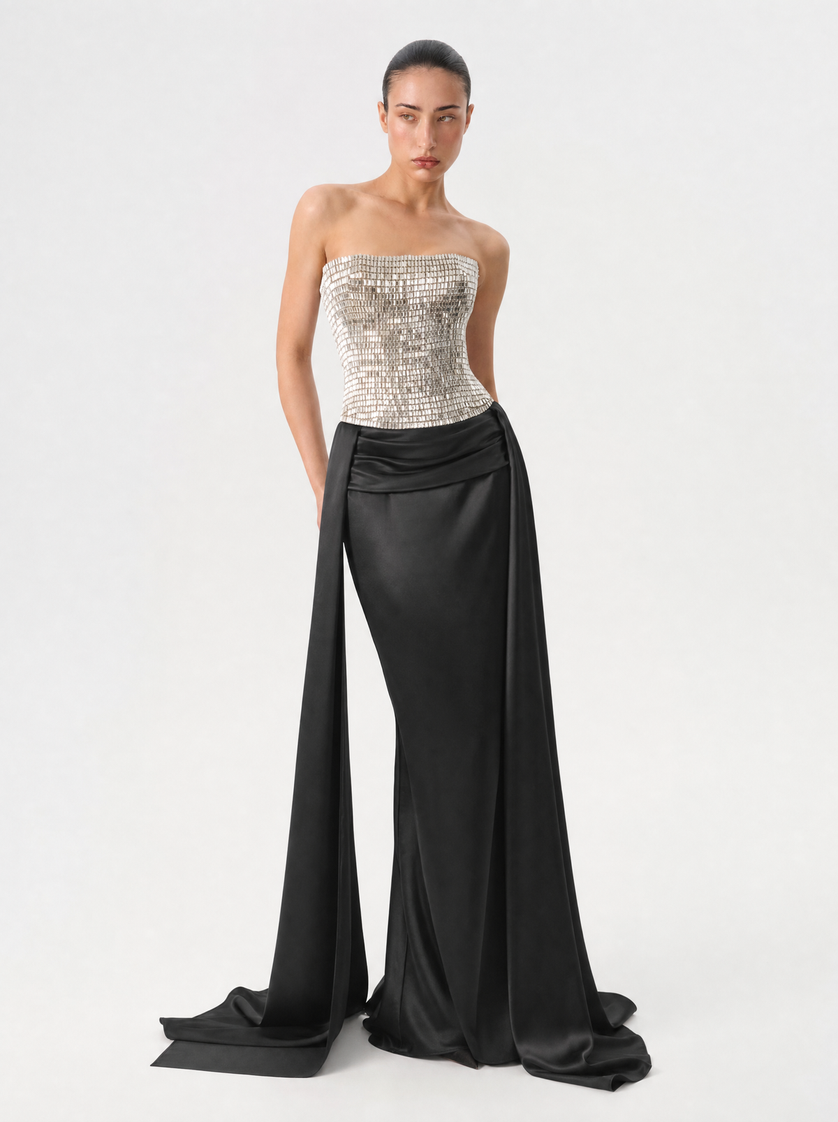 Crystal embellished corset satin gown with a train
