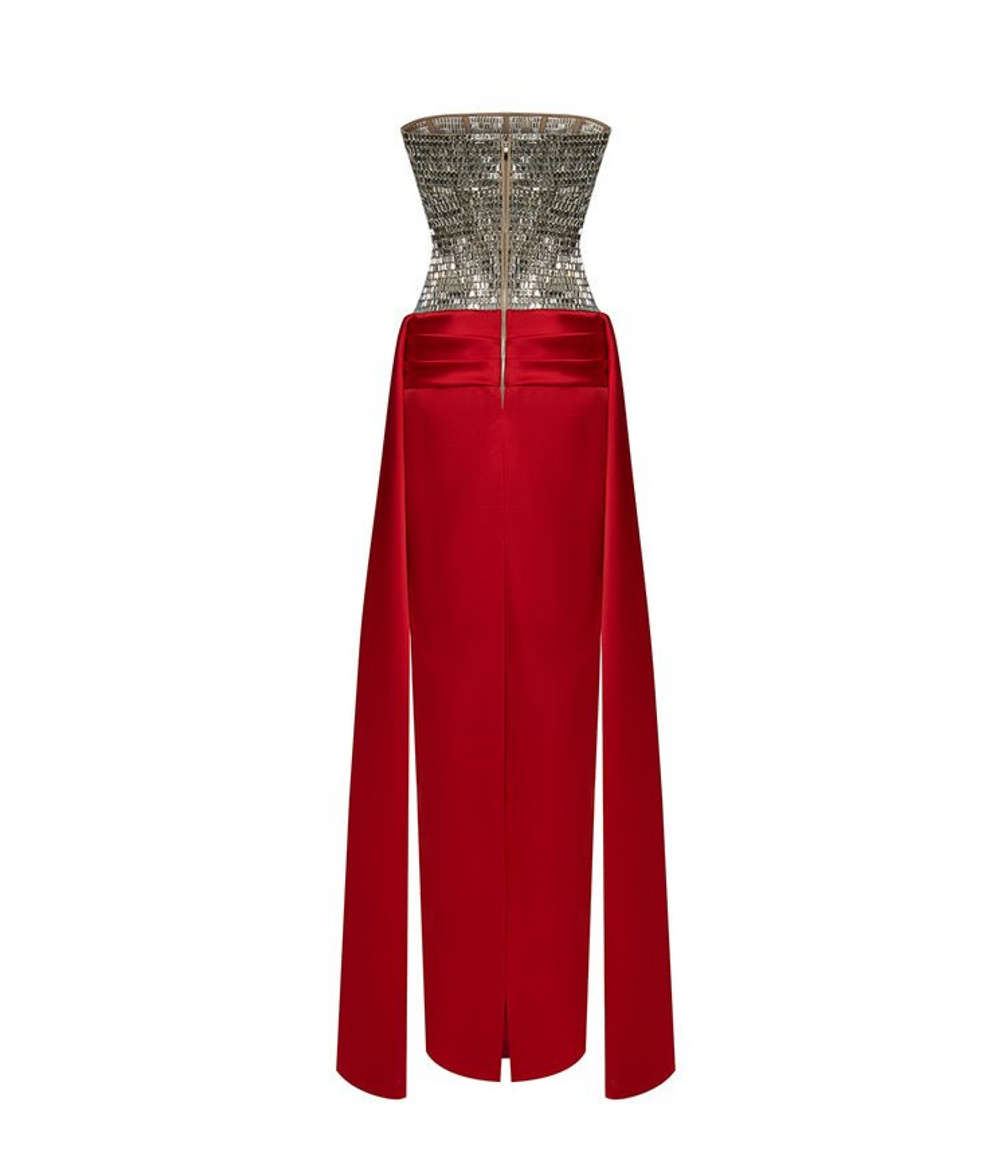 Crystal embellished corset satin dress with a train