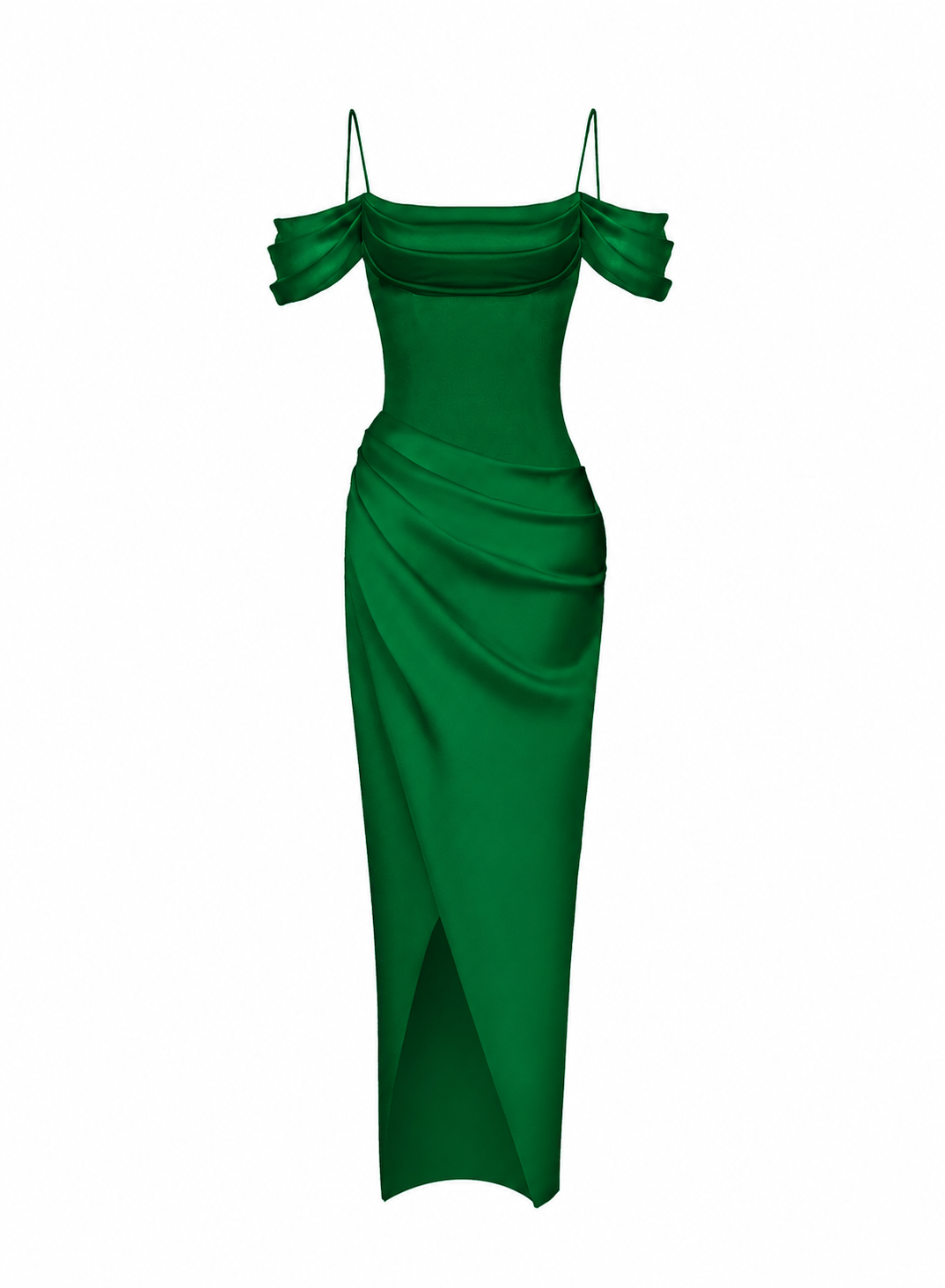 Satin draped off-the-shoulders long midi dress