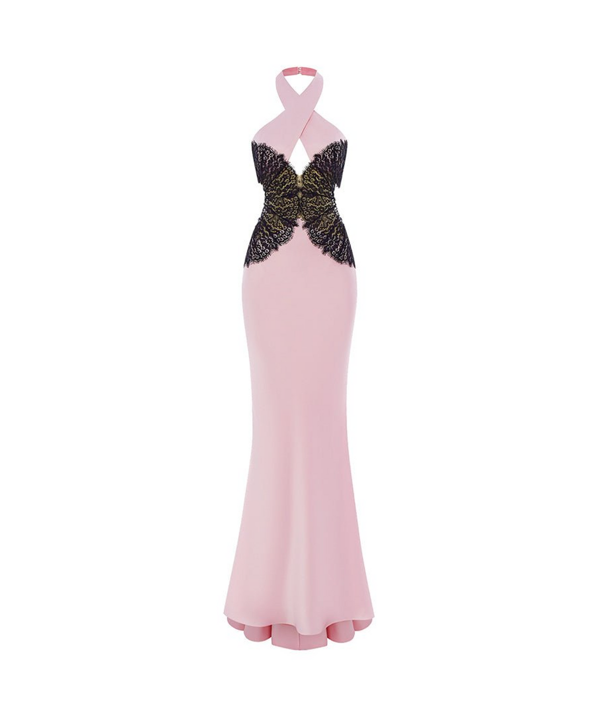Halterneck satin and lace maxi dress with cutouts