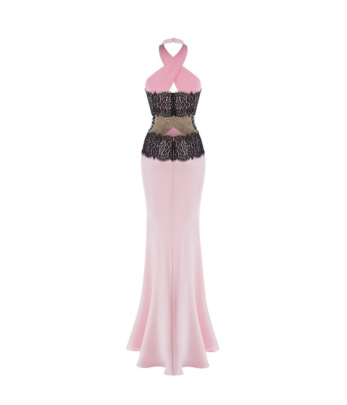 Halterneck satin and lace maxi dress with cutouts