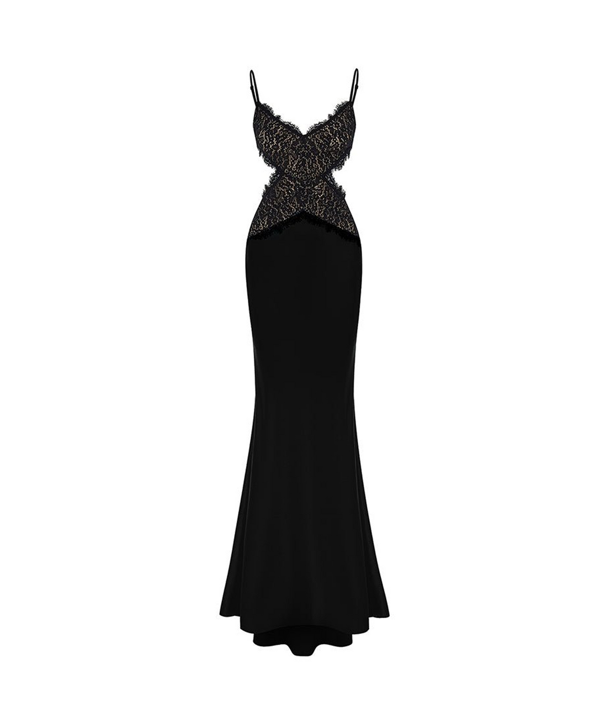 Satin and lace maxi dress with cutouts