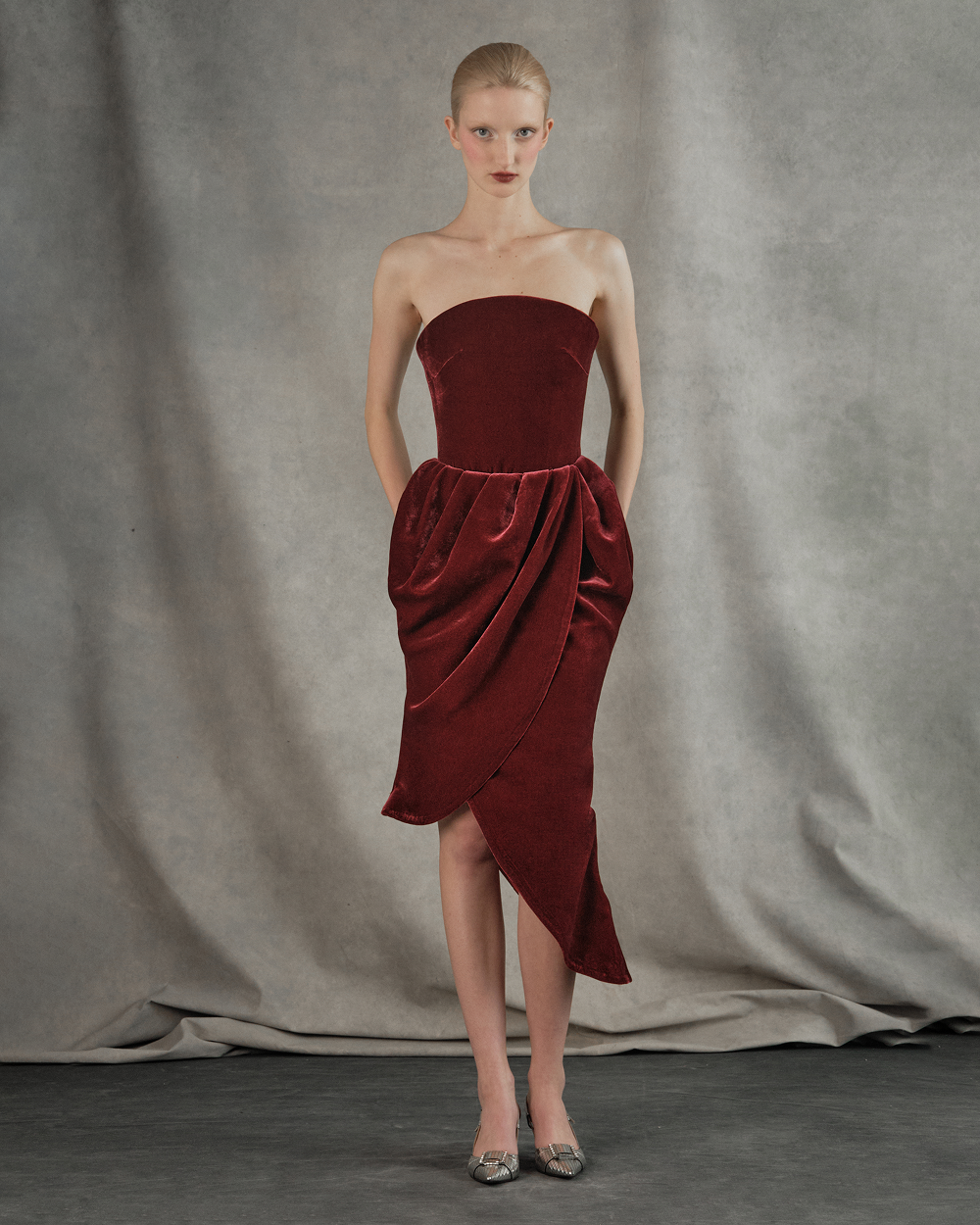 Asymmetrical velvet corset midi dress